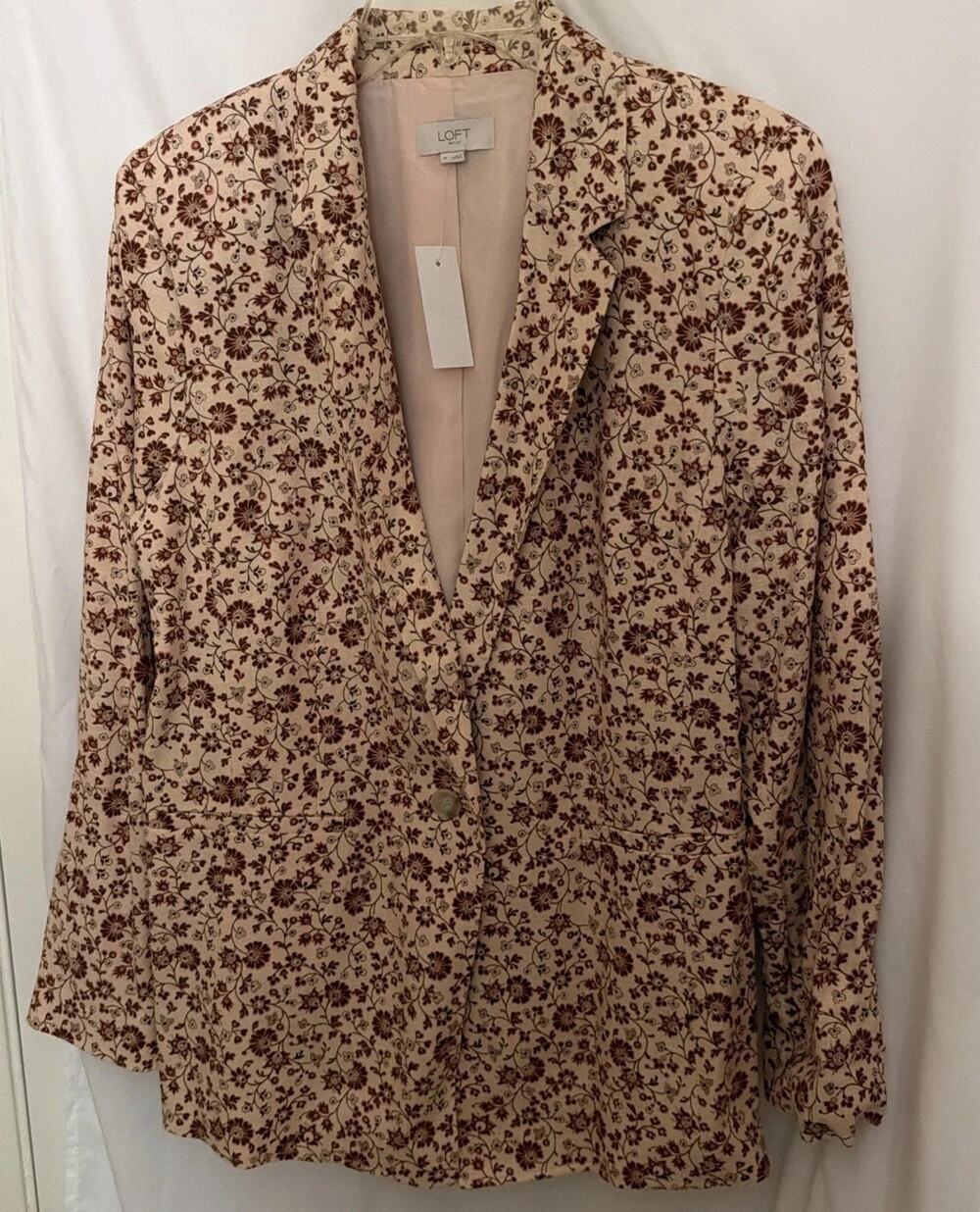 Loft Blazer Womens 14 Peach Floral One Button Linen Blend Padded Shoulders Notch